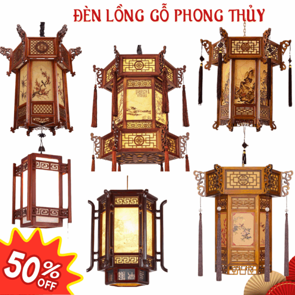 Đèn thả lồng gỗ lục giác trang trí phòng thờ, nhà hàng phong thủy 2025