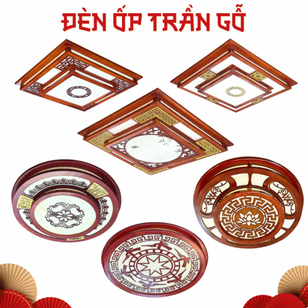 Đèn ốp trần gỗ trang trí phòng thờ, nhà hàng phong thủy 2025